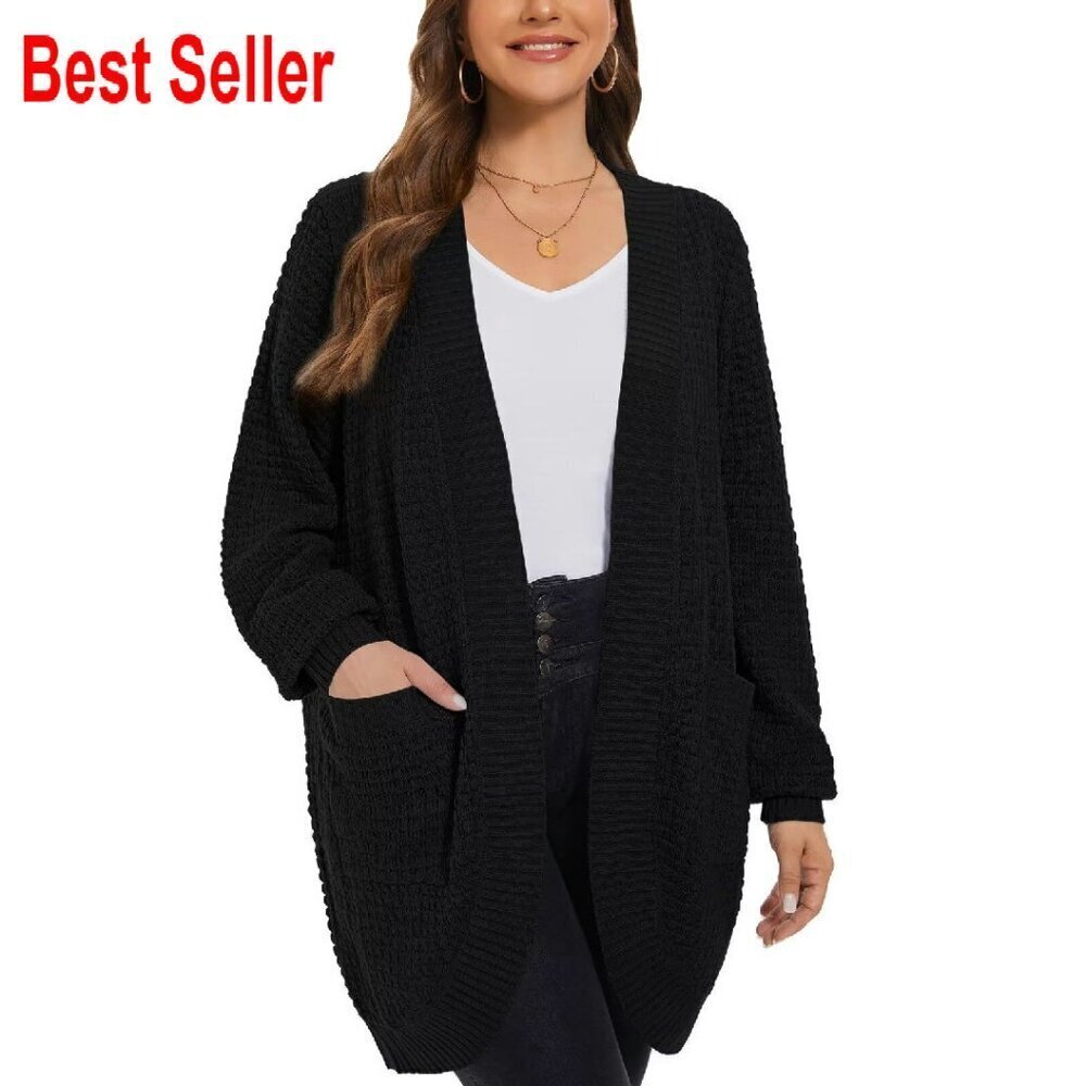 Oversized Waffle Knit Cardigan Open Front Ribbed Sleeve Plus Size Chic